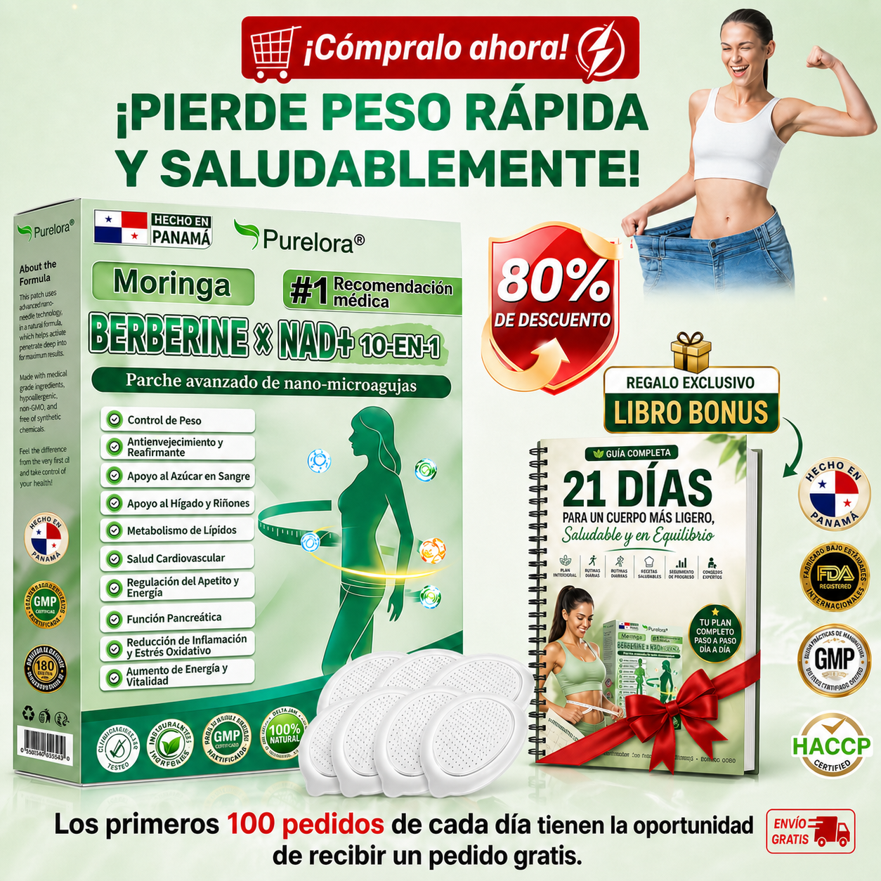 🇵🇦 Glorenda® Moringa + Berberina × NAD+ 10 en 1 | Parche Avanzado de Microagujas